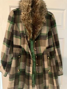 Me Jane Green and Brown Plaid Pea Coat with Faux Fur Collar Y2K vintage